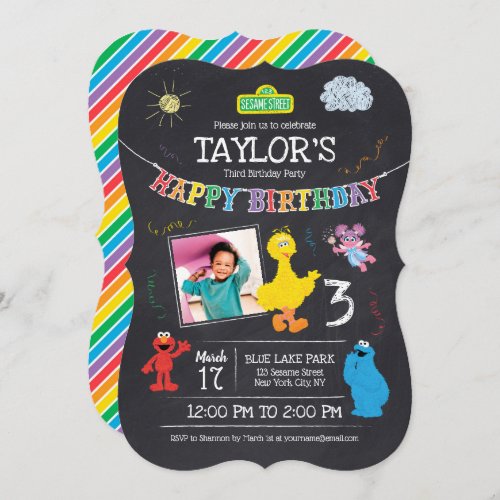 Sesame Street Pals Chalkboard Photo 3rd Birthday Invitation