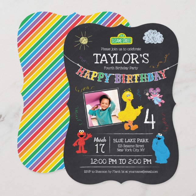 Sesame Street Pals Chalkboard Photo 4th Birthday Invitation (Front/Back)