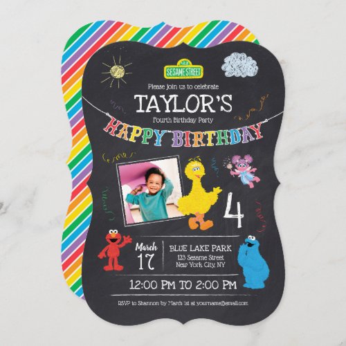 Sesame Street Pals Chalkboard Photo 4th Birthday Invitation