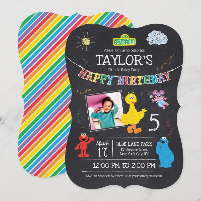 Sesame Street Pals Chalkboard Photo 5th Birthday Invitation (Front/Back)