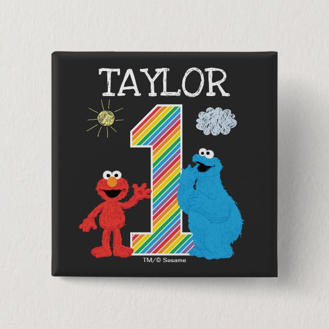 Sesame Street Pals Chalkboard Rainbow 1st Birthday Button (Front)