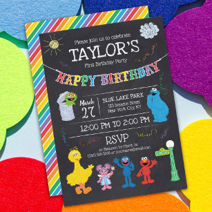 Sesame Street Pals Chalkboard Rainbow 1st Birthday Invitation