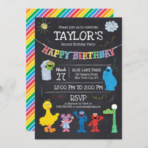 Sesame Street Pals Chalkboard Rainbow 2nd Birthday Invitation