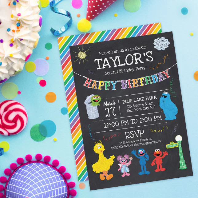 Sesame Street Pals Chalkboard Rainbow 2nd Birthday Invitation | Zazzle