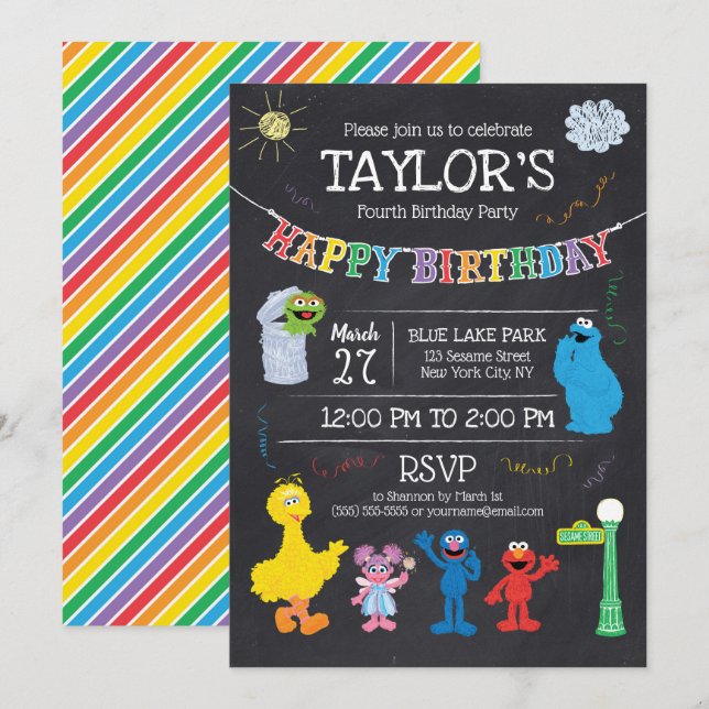 Sesame Street Pals Chalkboard Rainbow 4th Birthday Invitation (Front/Back)