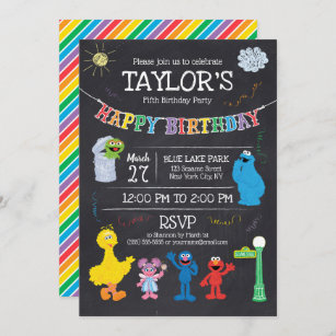 Sesame Street Pals Chalkboard Rainbow 5th Birthday Invitation