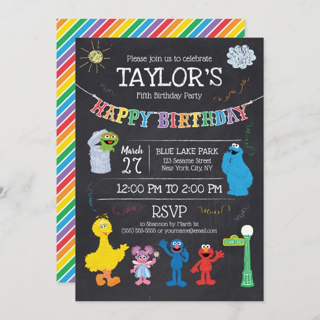 Sesame Street Pals Chalkboard Rainbow 5th Birthday Invitation (Front/Back)