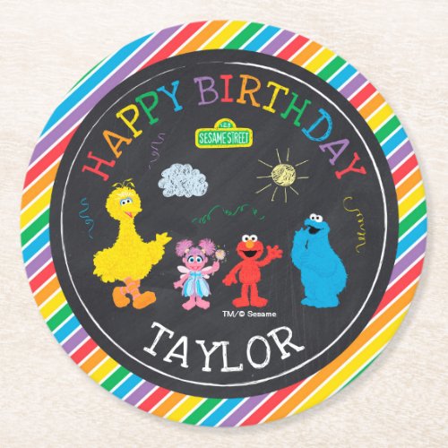 Sesame Street Pals Chalkboard Rainbow Birthday Round Paper Coaster