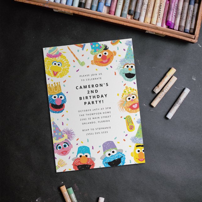 Sesame Street Pals Confetti Birthday Invitation Postcard (Card on table)