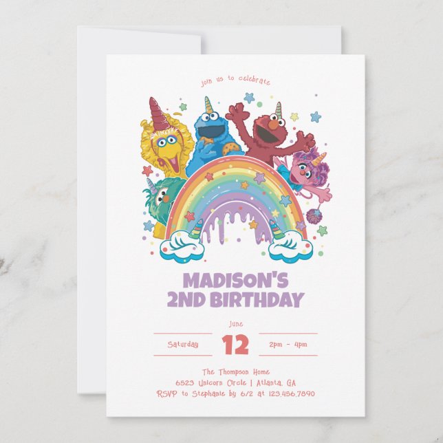 Sesame Street Rainbow Unicorn Birthday Invitation (Front)