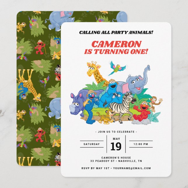 Sesame Street Safari Animals 1st Birthday Invitati Invitation (Front/Back)