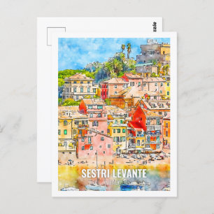 Sestri Levante Italy Famous Travel Watercolor Postcard