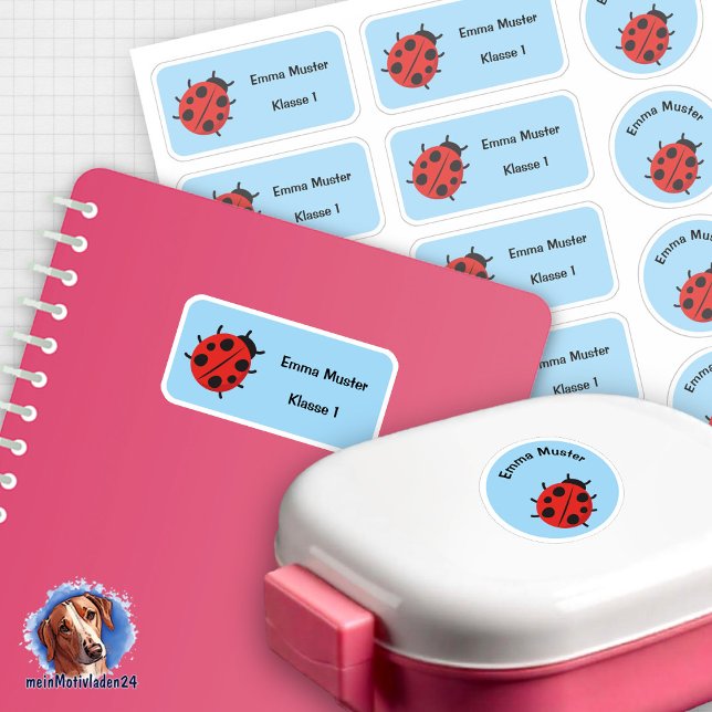 Set - 12 name stickers Marienkäfer - light blue | (12 runde und eckige Schulaufkleber im Set, Motiv Marienkäfer auf blauen Hintergrund)