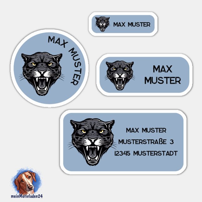 Set - 24 Panther gray name stickers | (Namensaufkleber Set für Kinder - Panther grau - 24 teilig, personalisierbar )