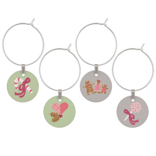 Set 2 Cute Mint Grey Pink Gingerbread Candy Cane Wine Charm