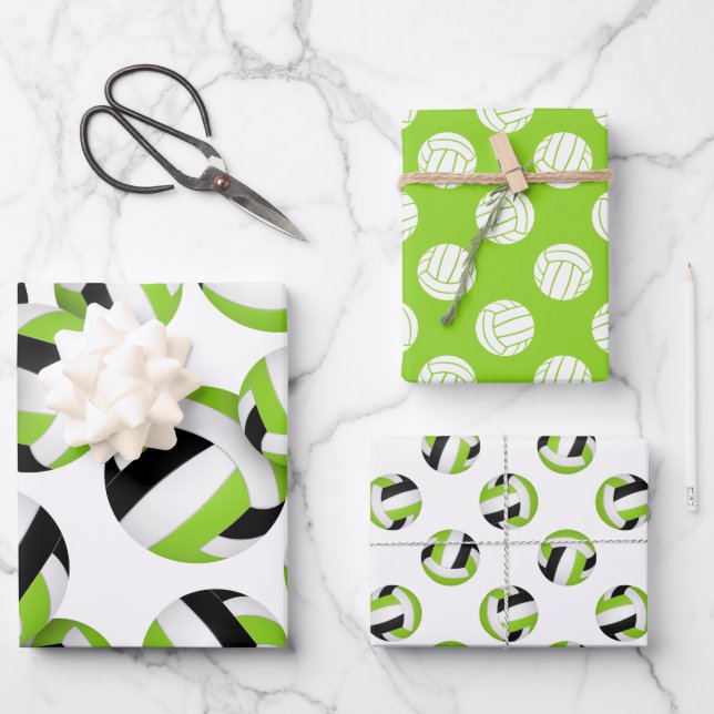 set 3 coordinating bright green black volleyballs wrapping paper sheets (Front)