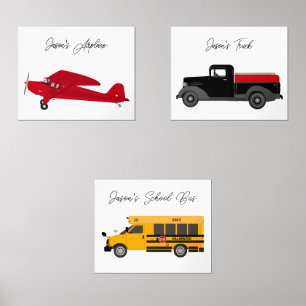 Set Art Prints Airplane Truck Bus Boy's Room