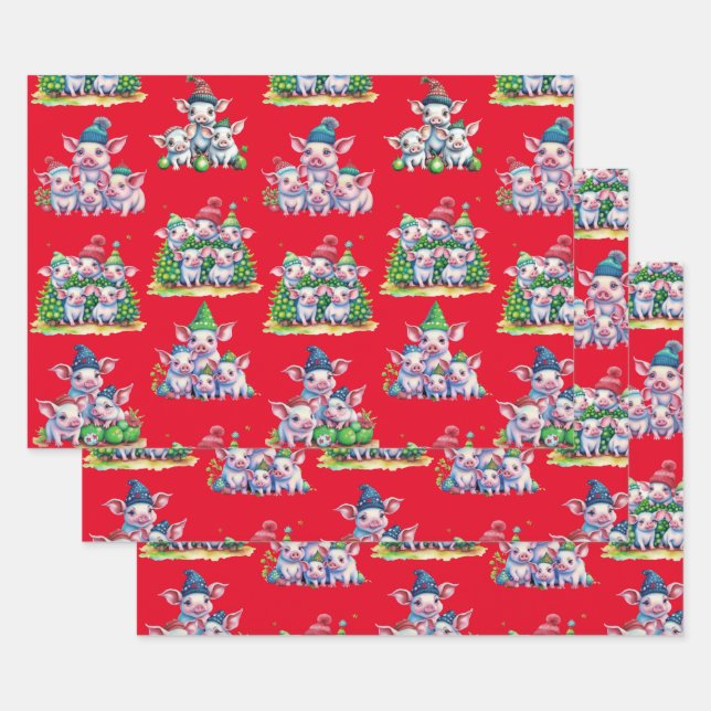 Set Ass't on Red Adorable Pig Christmas Gift Wrap (Set)