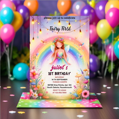 set cute Floral Pink girl fairy first 1st birthday Invitation
