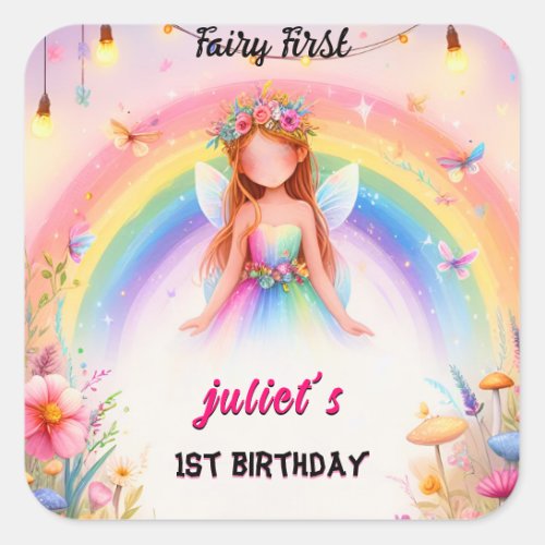 set cute Floral Pink girl fairy first 1st birthday Square Sticker
