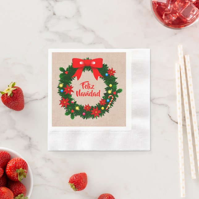 Set Feliz Navidad Merry Christmas Wreath Cocktail Napkins (Insitu)