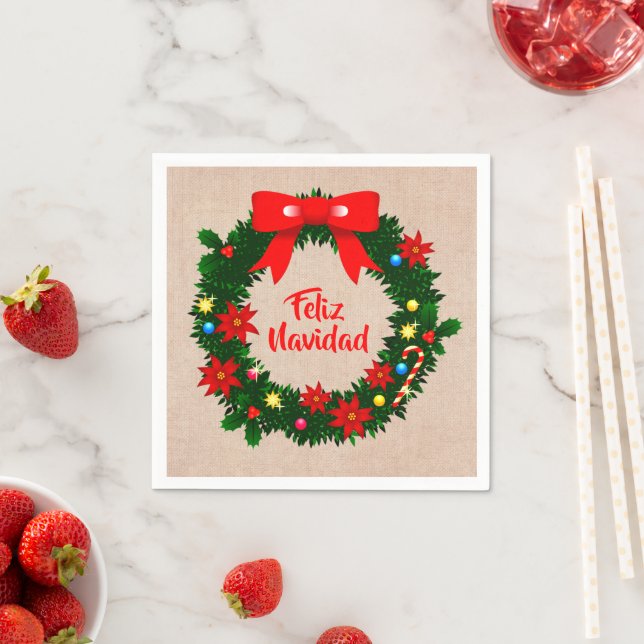 Set Feliz Navidad Merry Christmas Wreath Cocktail Napkins (Insitu)