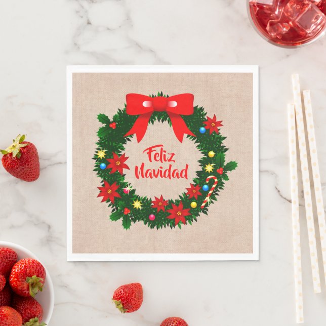 Set Feliz Navidad Merry Christmas Wreath Luncheon Napkins (Insitu)