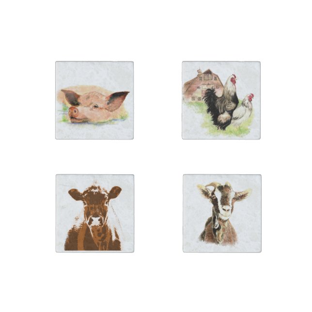 Set Four Farm Animals Goat Chicken Cow & Pig Stone Magnet (Front)