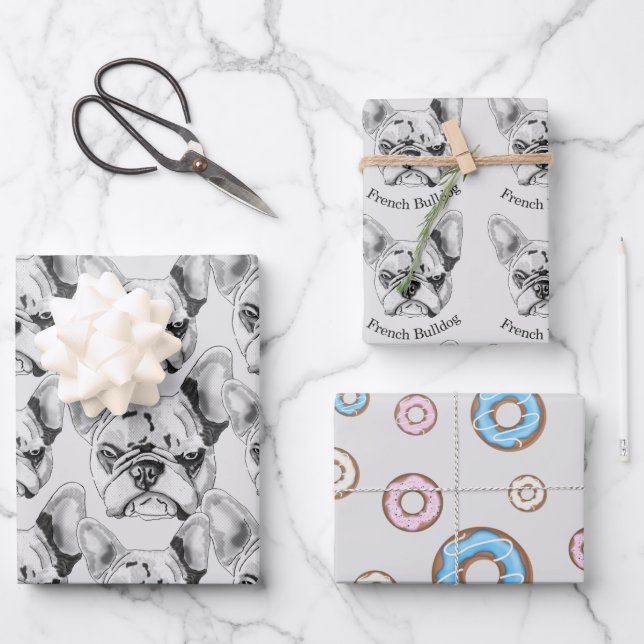 Set French Bulldog and donuts Pop Art  Wrapping Paper Sheets (Front)