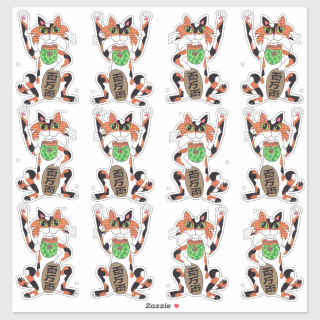 Set of 12 Cute Maneki Neko Lucky Beckoning Cats Sticker (Sheet)