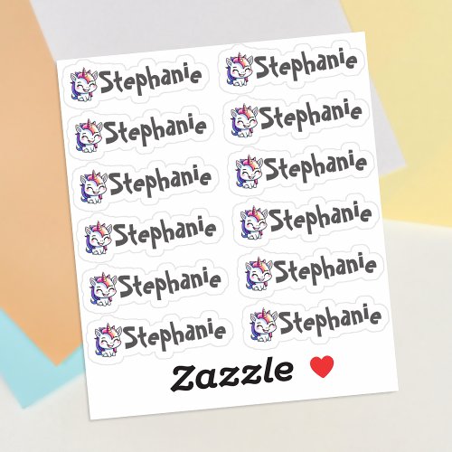 Set of 12 Small Whimsical Smiling Unicorn Name Sticker