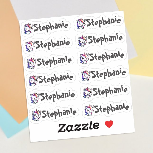 Set of 12 Small Whimsical Smiling Unicorn Name Sticker (Whimsical unicorn name vinyl stickers. 🦄)