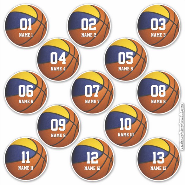 set of 13 blue gold team colors basketball sticker (Front)