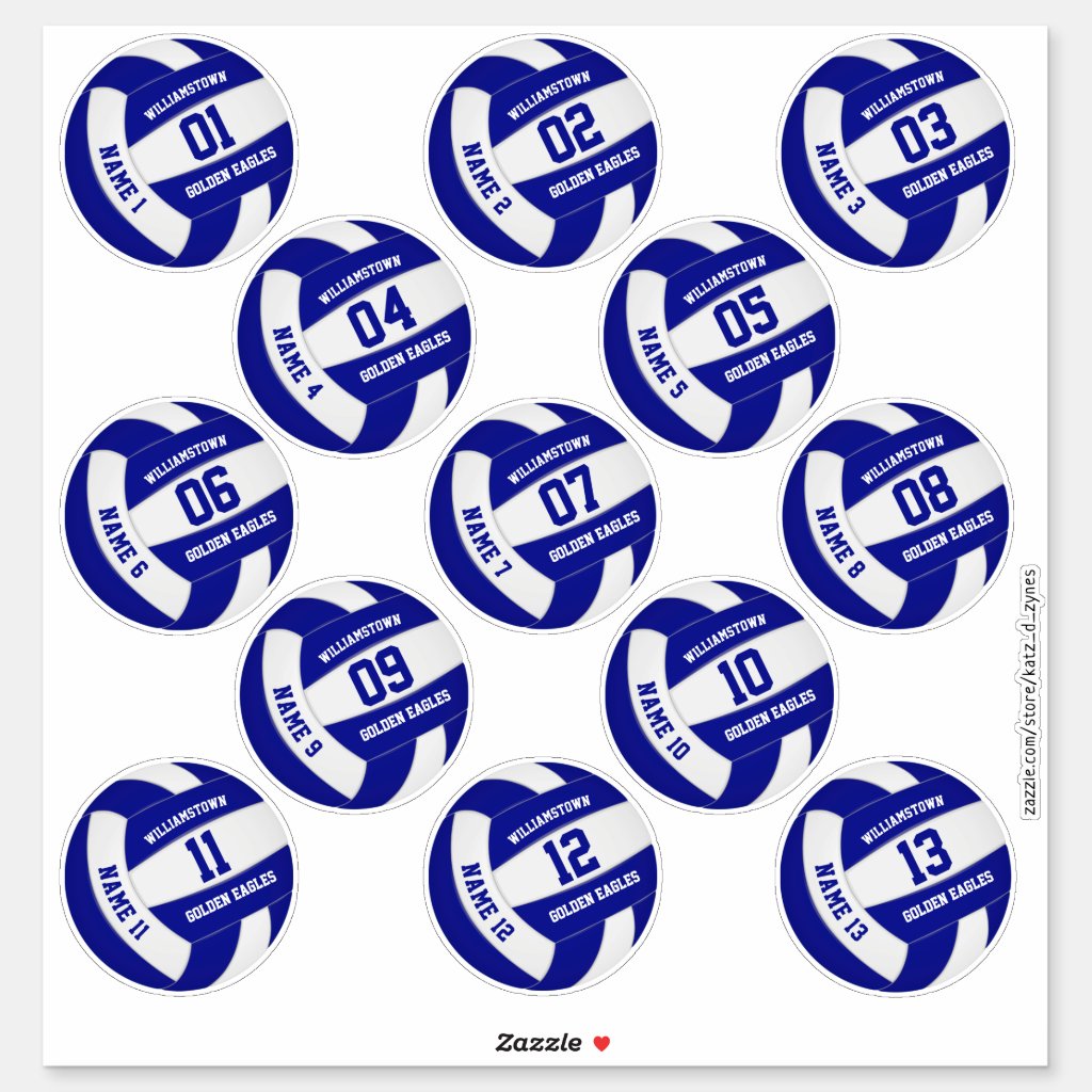 Set of 13 custom player names blue volleyball stickers sheet