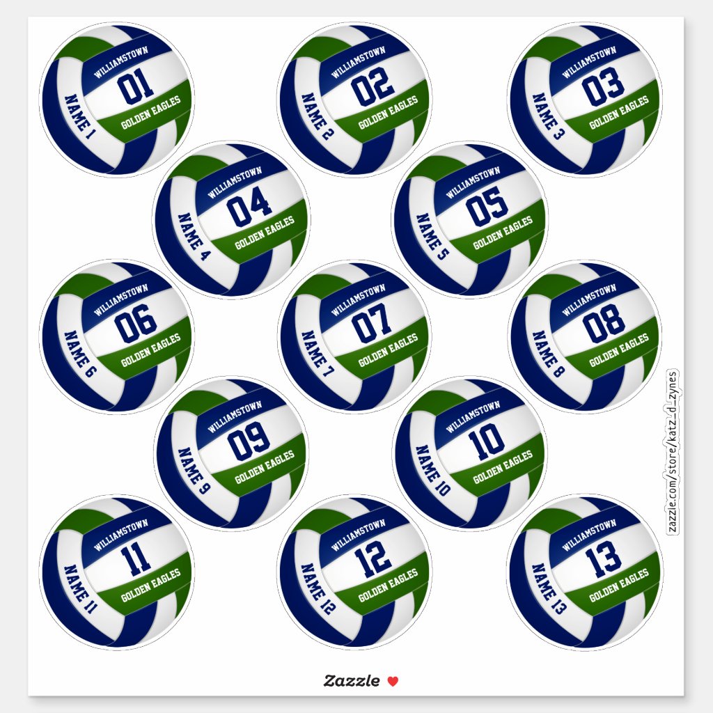 Set of 13 custom players' blue green volleyball stickers