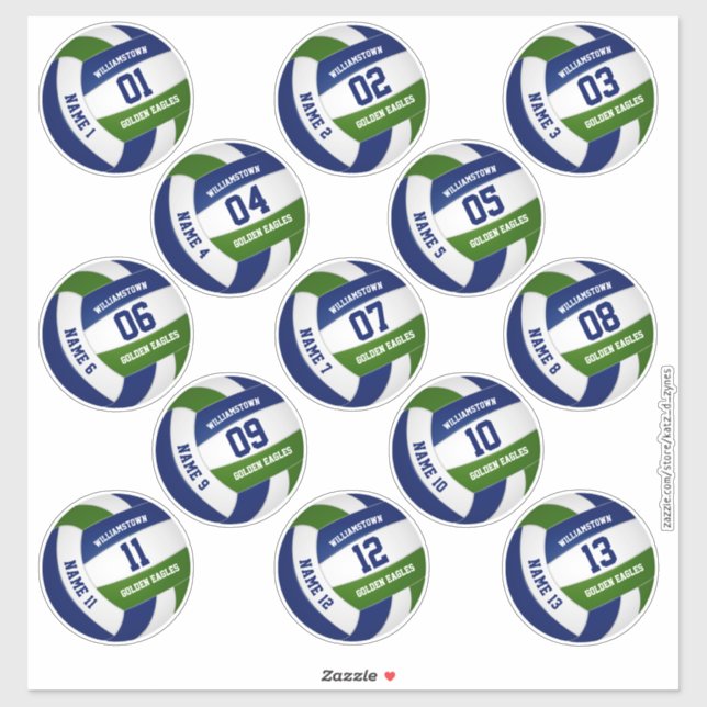 Set of 13 custom players' blue green volleyball sticker (Sheet)