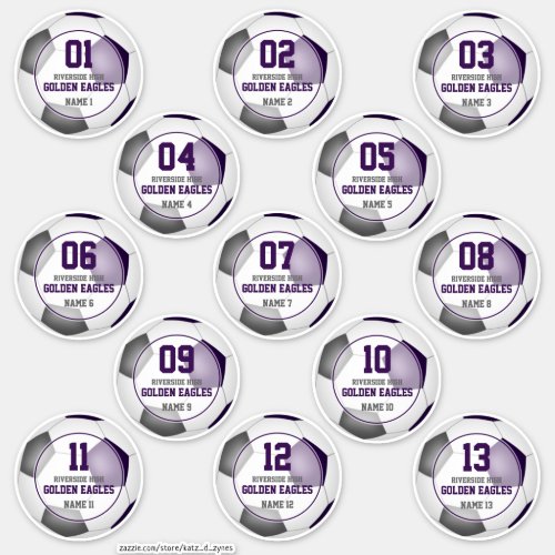 Set of 13 girls boys purple gray soccer team sticker