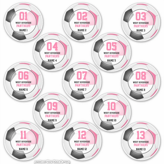 Set of 13 girls pink black soccer team spirit sticker (Front)