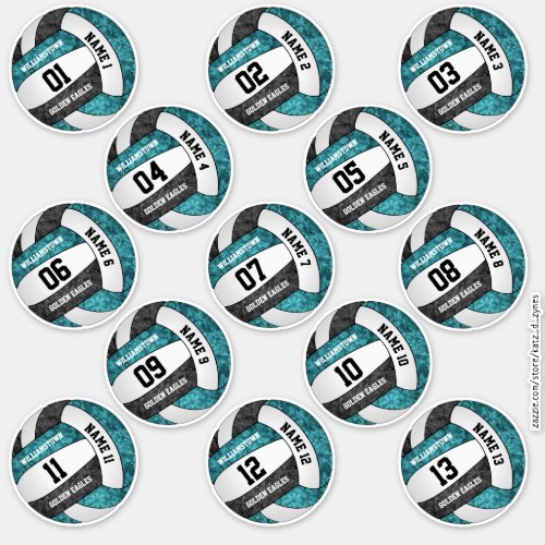 set of 13 girly teal black volleyball player names sticker