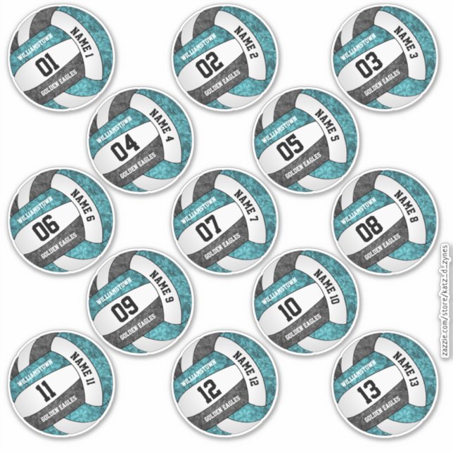 set of 13 girly teal black volleyball player names sticker (Front)