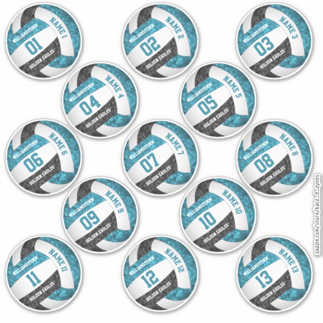 set of 13 girly teal black volleyball player names sticker (Front)