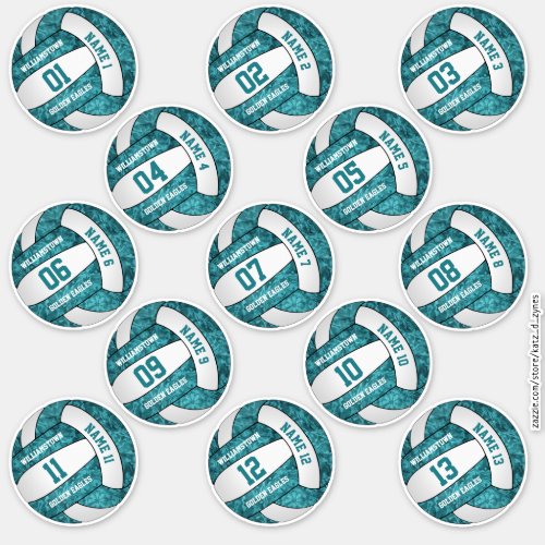 set of 13 girly teal white volleyball player names sticker