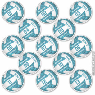 set of 13 girly teal white volleyball player names sticker