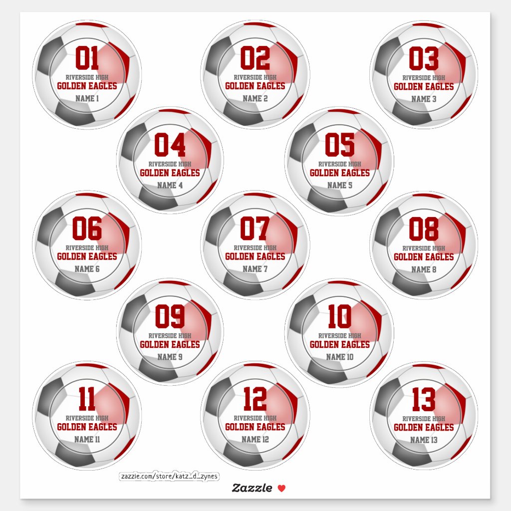 Set of 13 kids red gray soccer team colors stickers