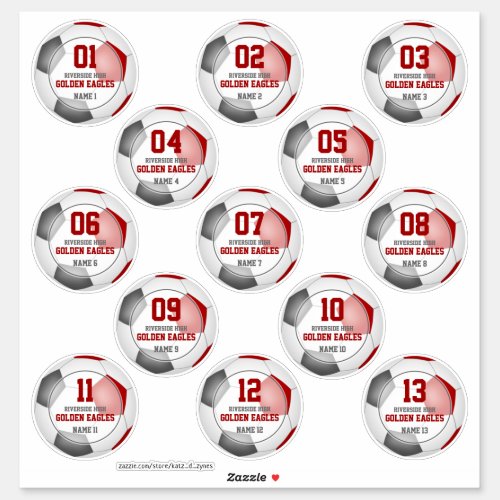 Set of 13 kids red gray soccer team colors sticker