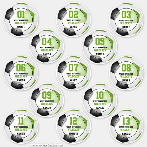 Set of 13 lime green black soccer team spirit sticker