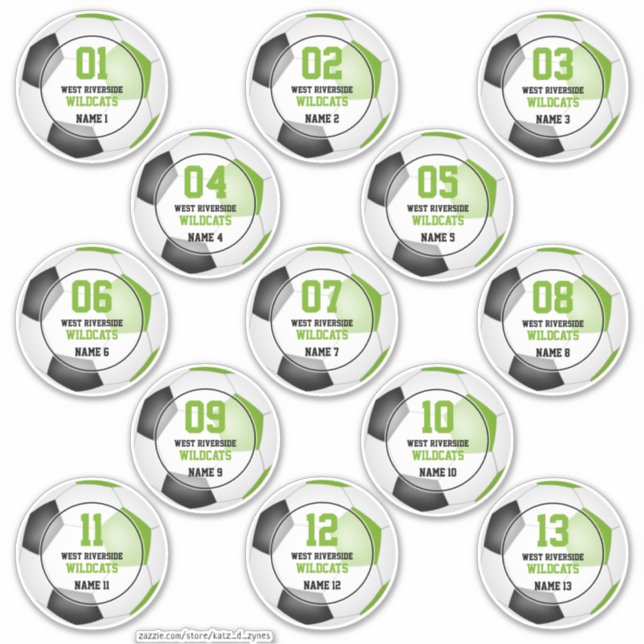 Set of 13 lime green black soccer team spirit sticker (Front)