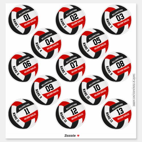 Set of 13 red black team colors volleyball sticker