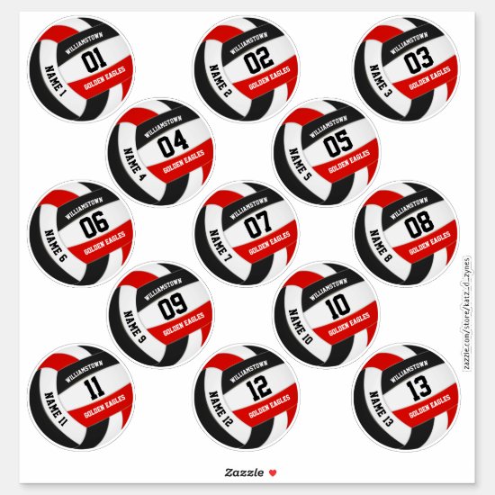 Set of 13 red black team colors volleyball sticker