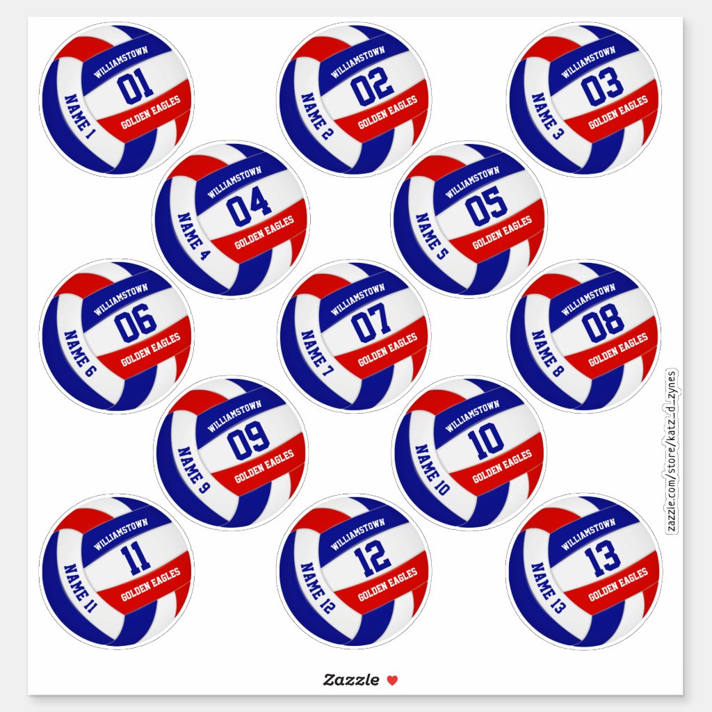 Set of 13 red white blue team colors volleyball stickers